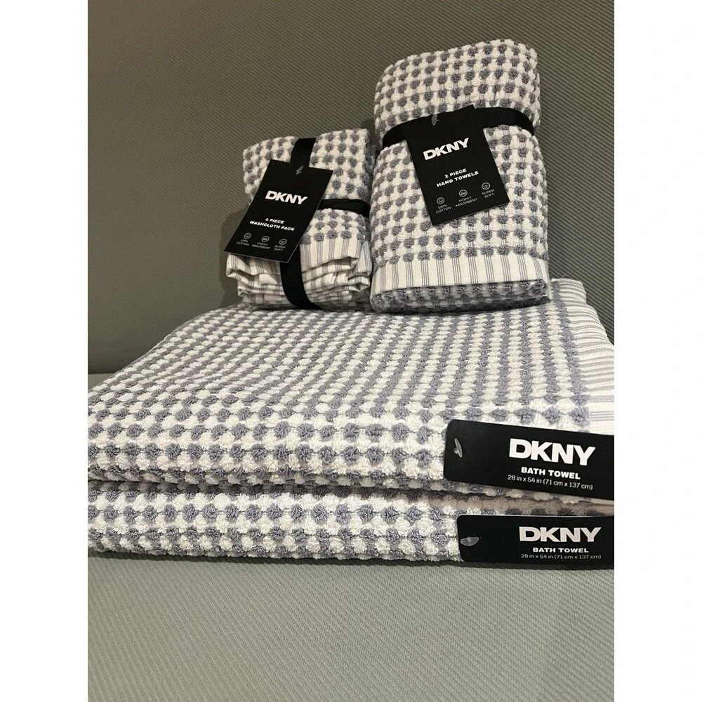 DKNY 2 Bath & 2 Hand Towels & 4 Washcloths Gingham Monet Tile Blue Check 8 Piece